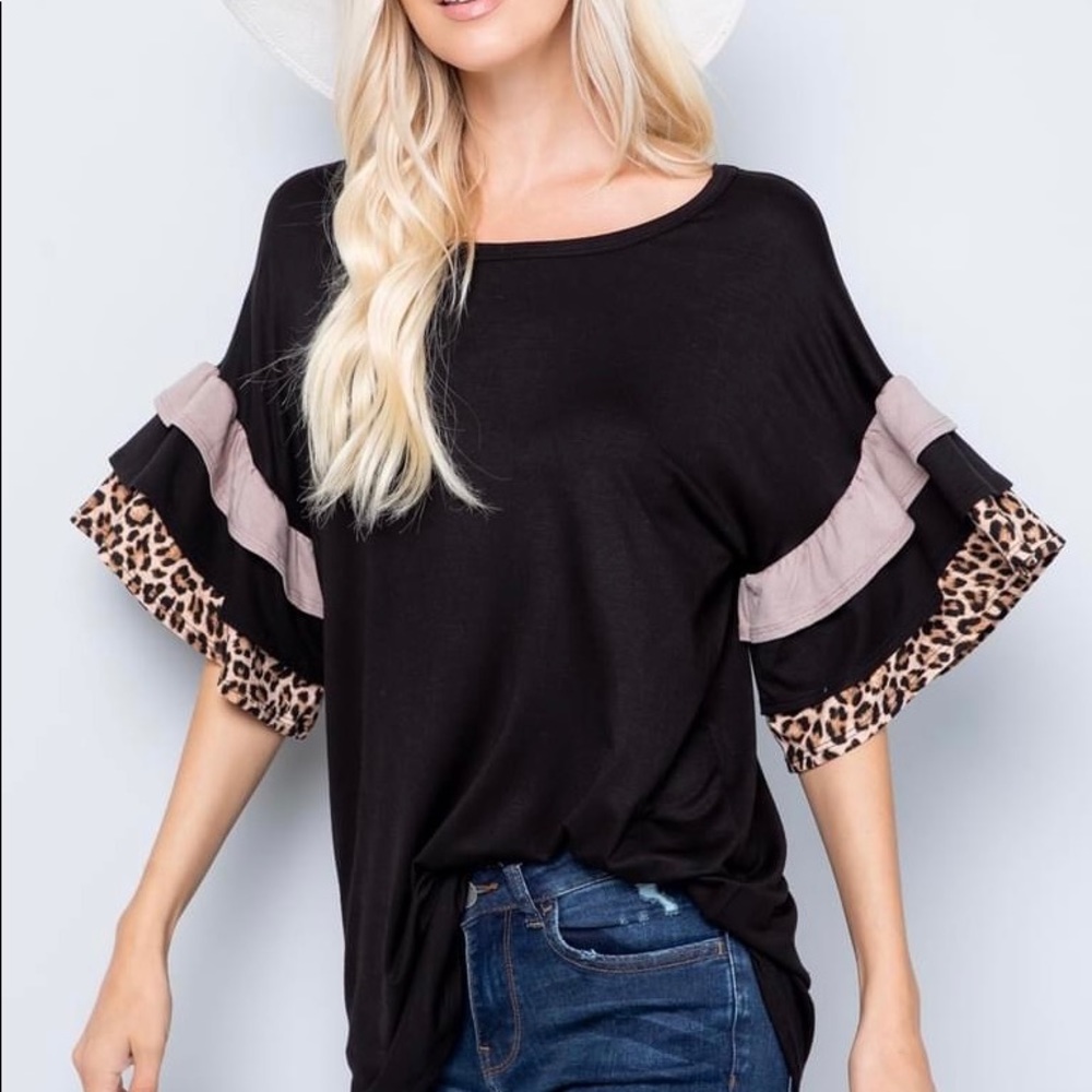 Brand New Black top with Leopard flutter sleeve